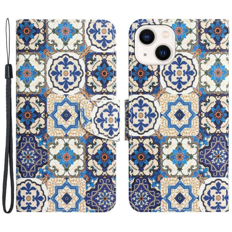 Etui Folio do iPhone 15 z Łańcuch Niebieski Patchwork Z Paskiem