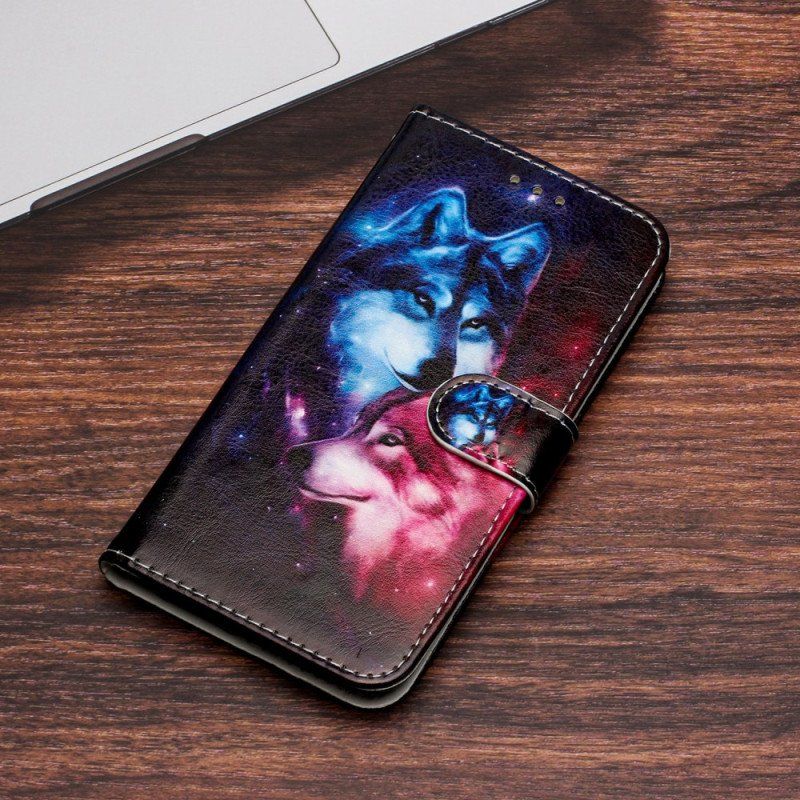 Etui Folio do Moto G73 5G z Łańcuch Dwa Wilki W Pasach