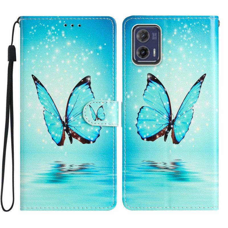 Etui Folio do Moto G73 5G z Łańcuch Niebieski Motyl Z Paskiem