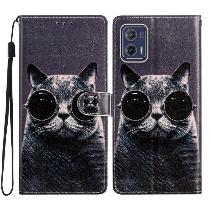 Etui Folio do Moto G73 5G z Łańcuch Okulary Z Paskami Cat