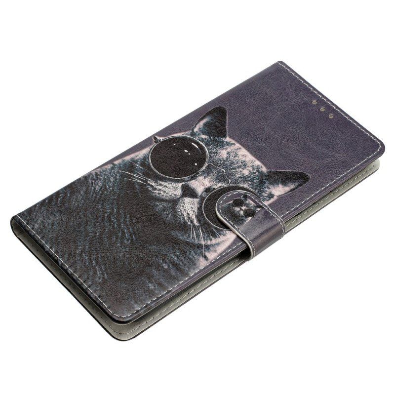 Etui Folio do Moto G73 5G z Łańcuch Okulary Z Paskami Cat