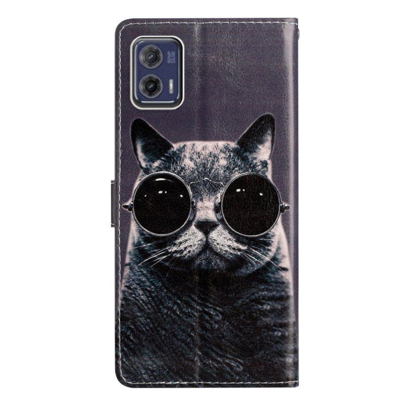 Etui Folio do Moto G73 5G z Łańcuch Okulary Z Paskami Cat