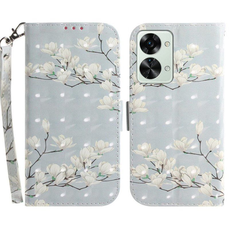 Etui Folio do OnePlus Nord 2T 5G z Łańcuch Kwiaty Magnolii W Paski