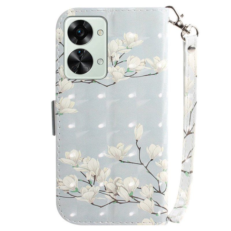 Etui Folio do OnePlus Nord 2T 5G z Łańcuch Kwiaty Magnolii W Paski