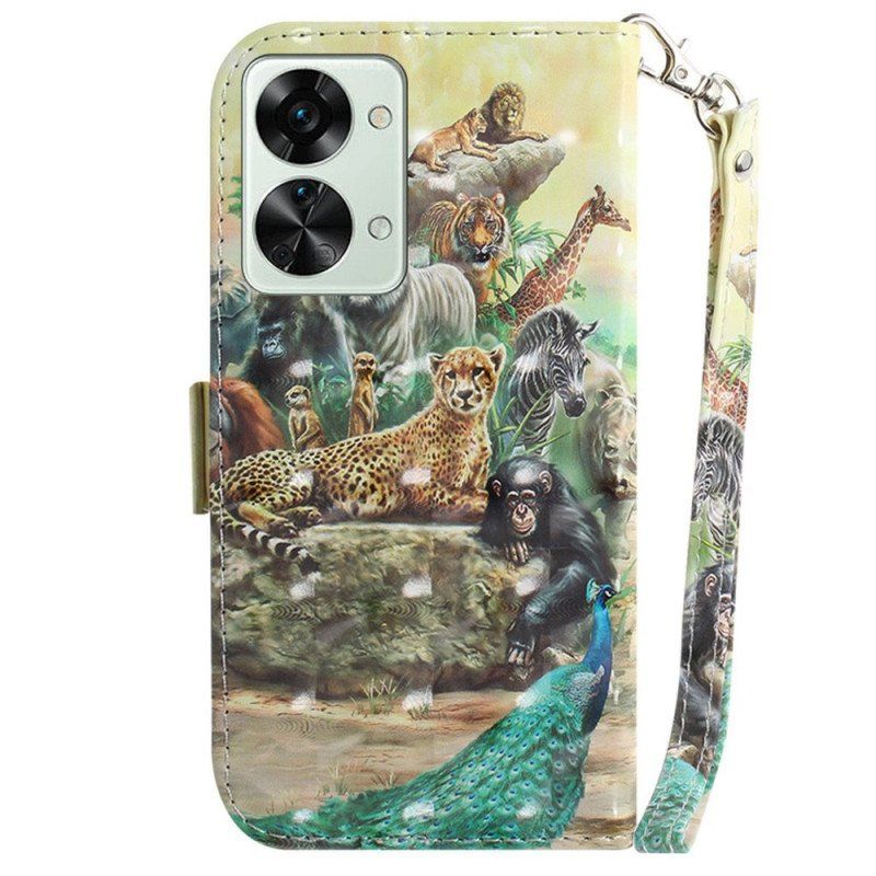 Etui Folio do OnePlus Nord 2T 5G z Łańcuch Stringi Safari Animals