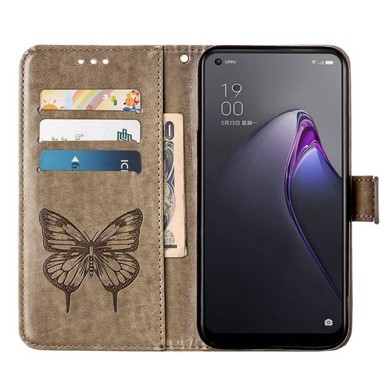 Etui Folio do Oppo Reno 8 Pro z Łańcuch Barokowy Motyl Z Paskami