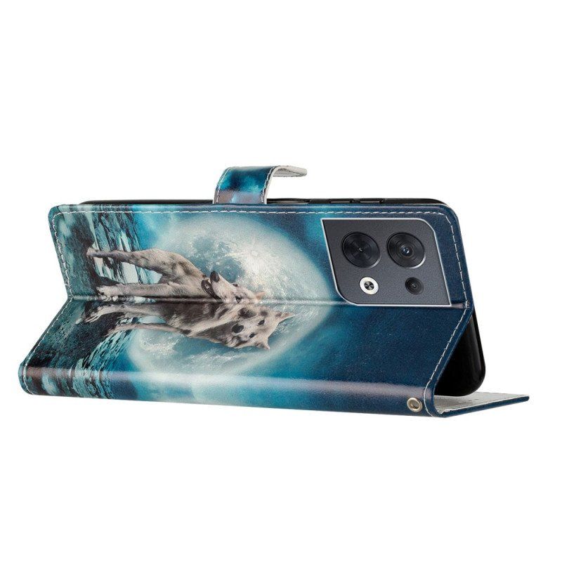 Etui Folio do Oppo Reno 8 z Łańcuch Smycz Wilk