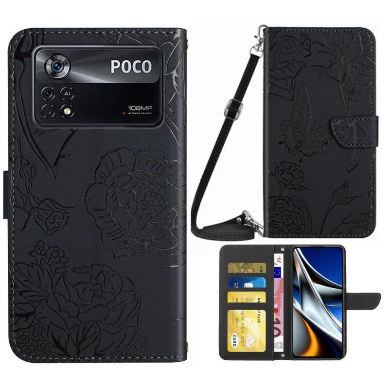 Etui Folio do Poco X4 Pro 5G Motyle Z Paskiem Na Ramię