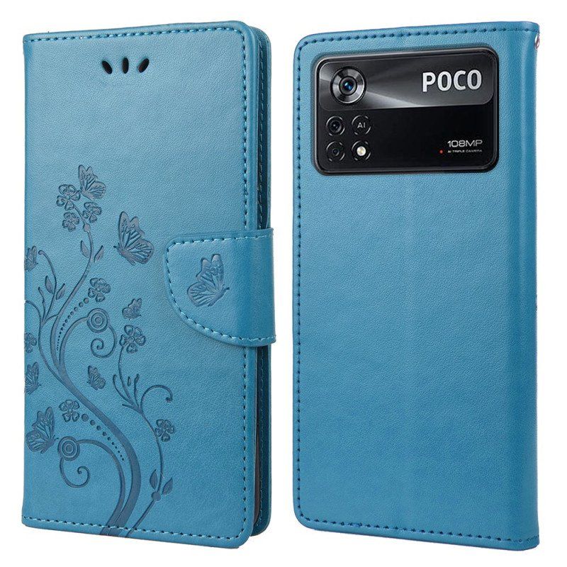 Etui Folio do Poco X4 Pro 5G z Łańcuch Kwiatowe Stringi Motyle