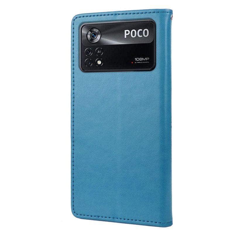 Etui Folio do Poco X4 Pro 5G z Łańcuch Kwiatowe Stringi Motyle