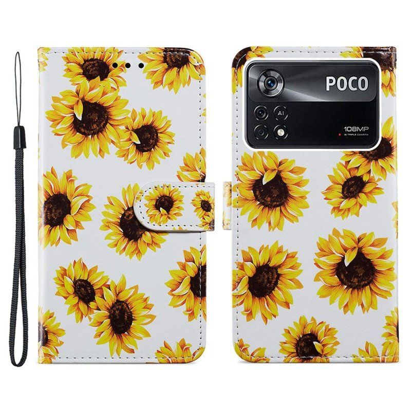 Etui Folio do Poco X4 Pro 5G z Łańcuch Paski Kwiaty