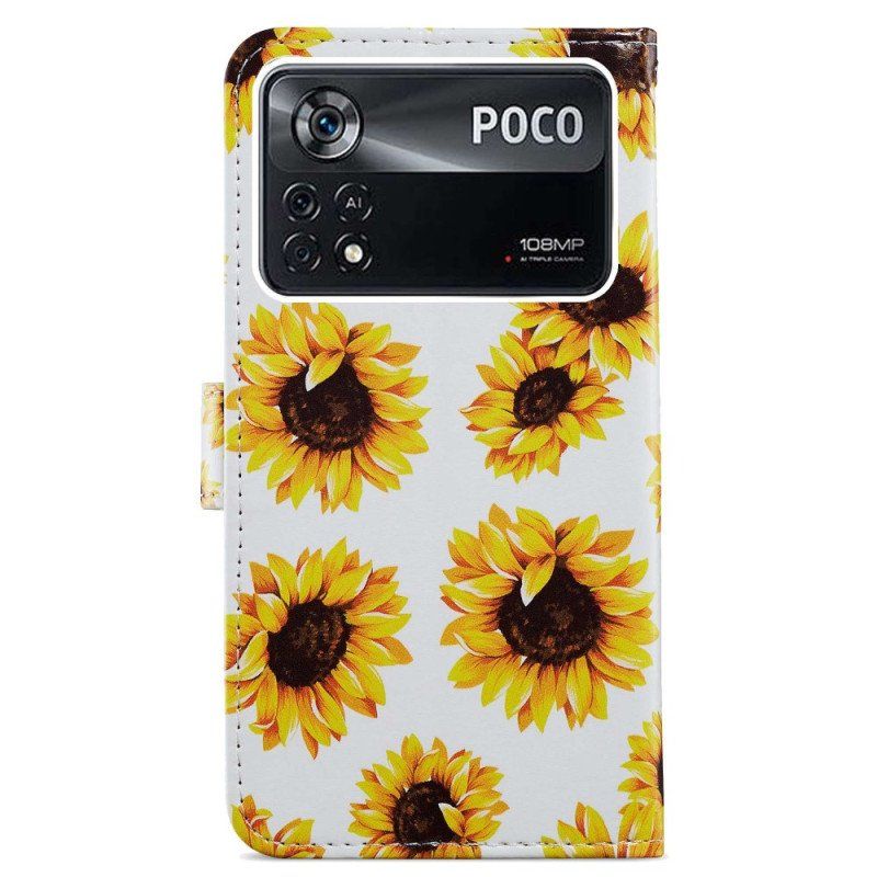 Etui Folio do Poco X4 Pro 5G z Łańcuch Paski Kwiaty