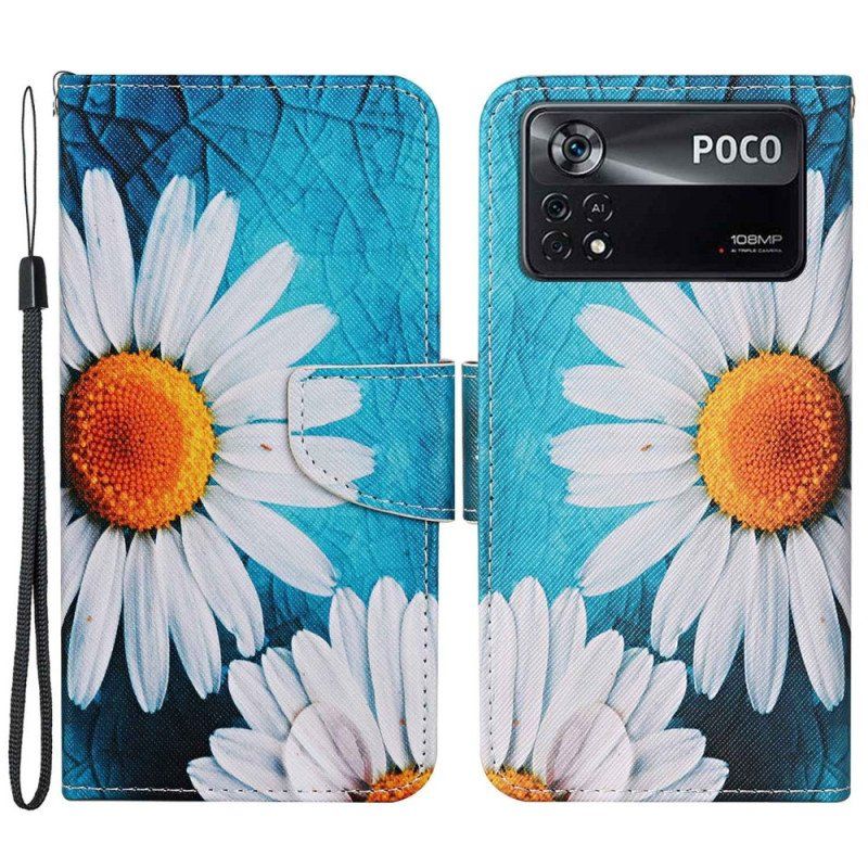 Etui Folio do Poco X4 Pro 5G z Łańcuch Stringi Stokrotki