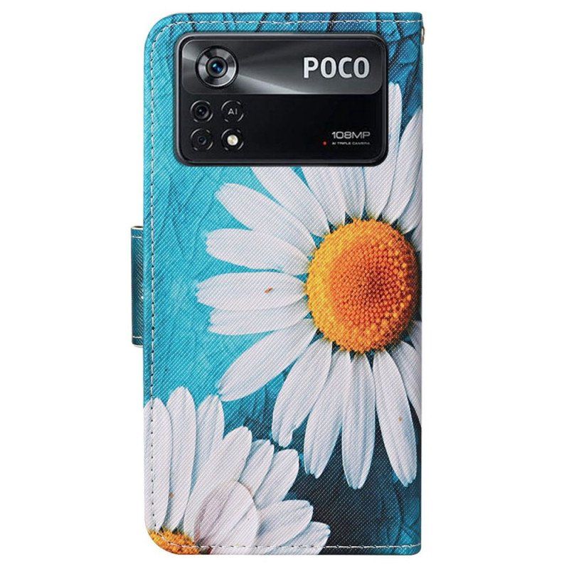 Etui Folio do Poco X4 Pro 5G z Łańcuch Stringi Stokrotki