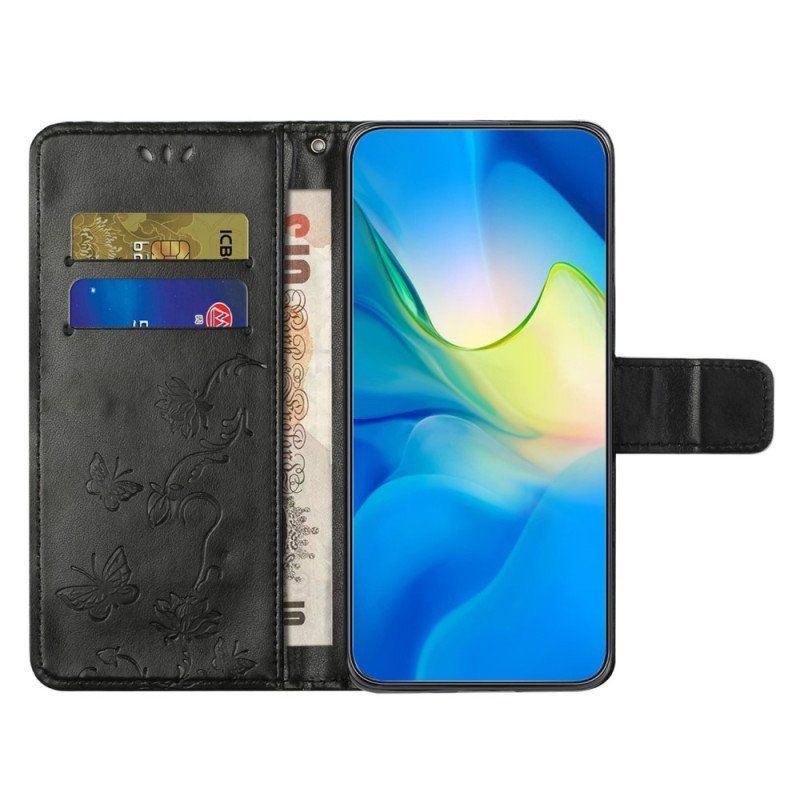 Etui Folio do Poco X5 Pro 5G z Łańcuch Kwiatowy Na Ramiączkach