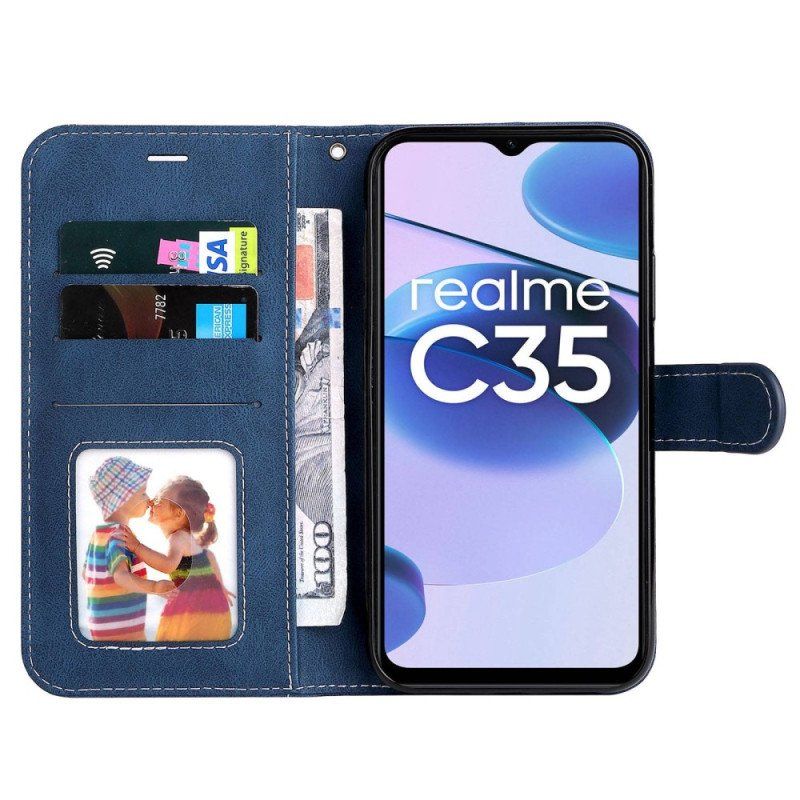 Etui Folio do Realme C35 z Łańcuch Trójkolorowy Efekt Skóry W Paski