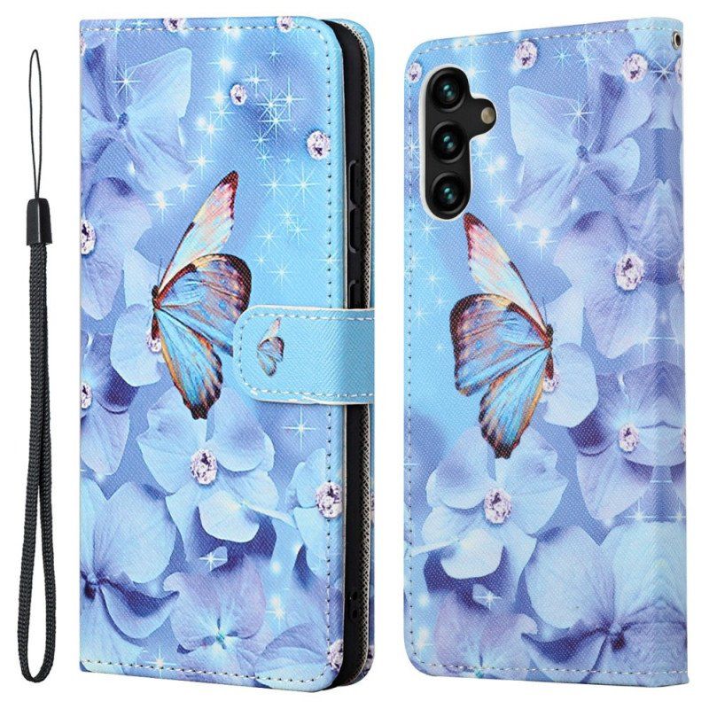 Etui Folio do Samsung Galaxy A13 5G / A04s z Łańcuch Diamentowe Motyle Na Ramiączkach