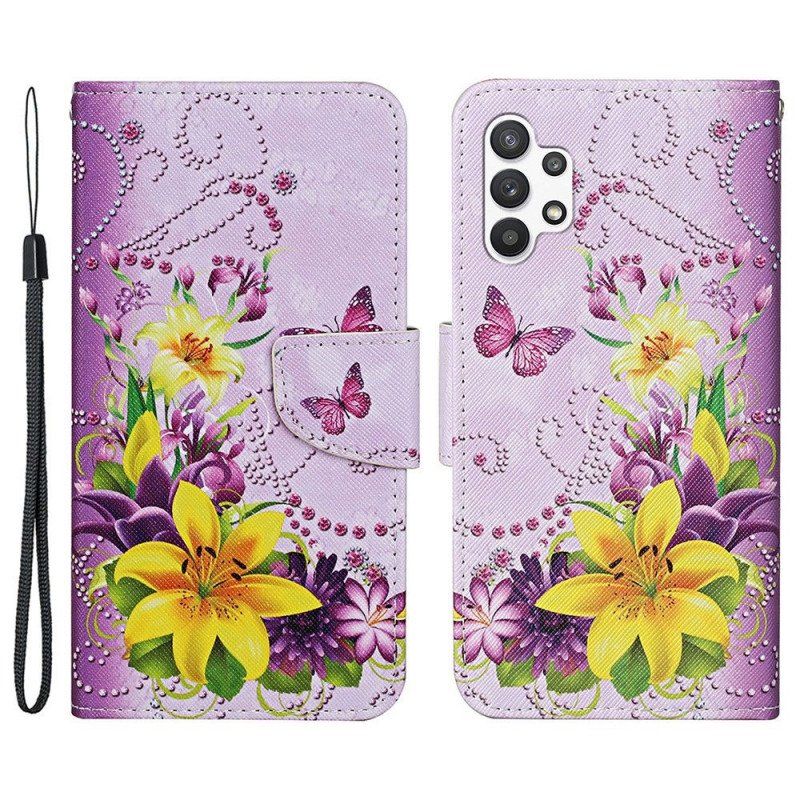 Etui Folio do Samsung Galaxy A13 Mistrzowskie Motyle Ze Smyczą