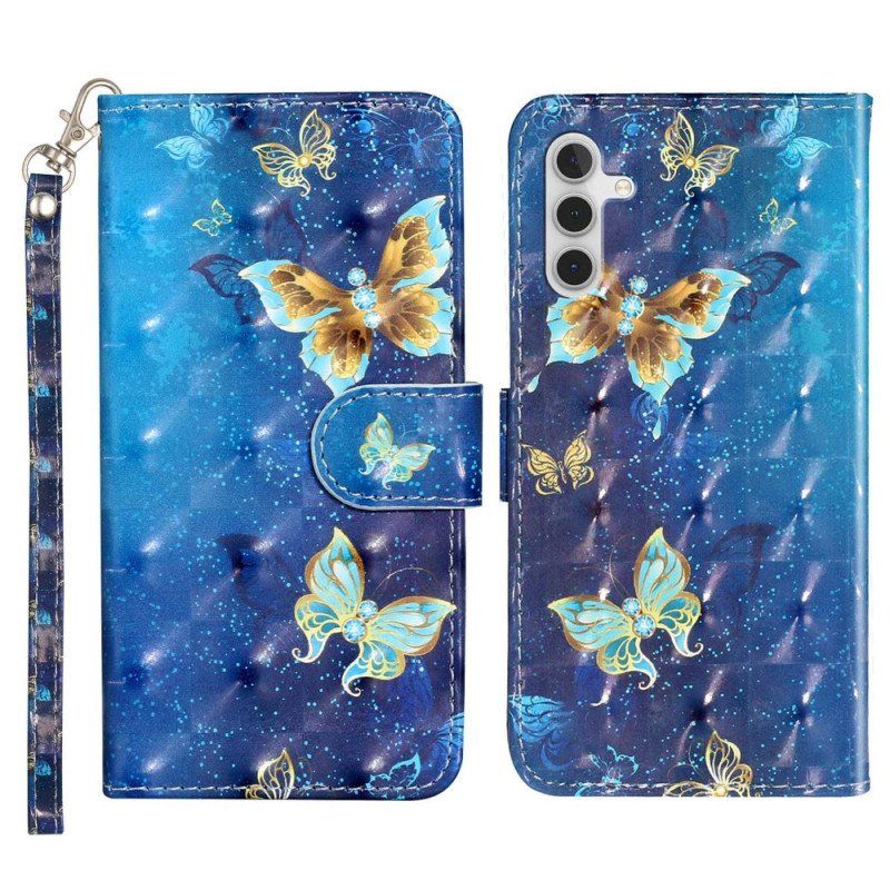 Etui Folio do Samsung Galaxy A14 / A14 5G z Łańcuch Złote Motyle Z Paskiem