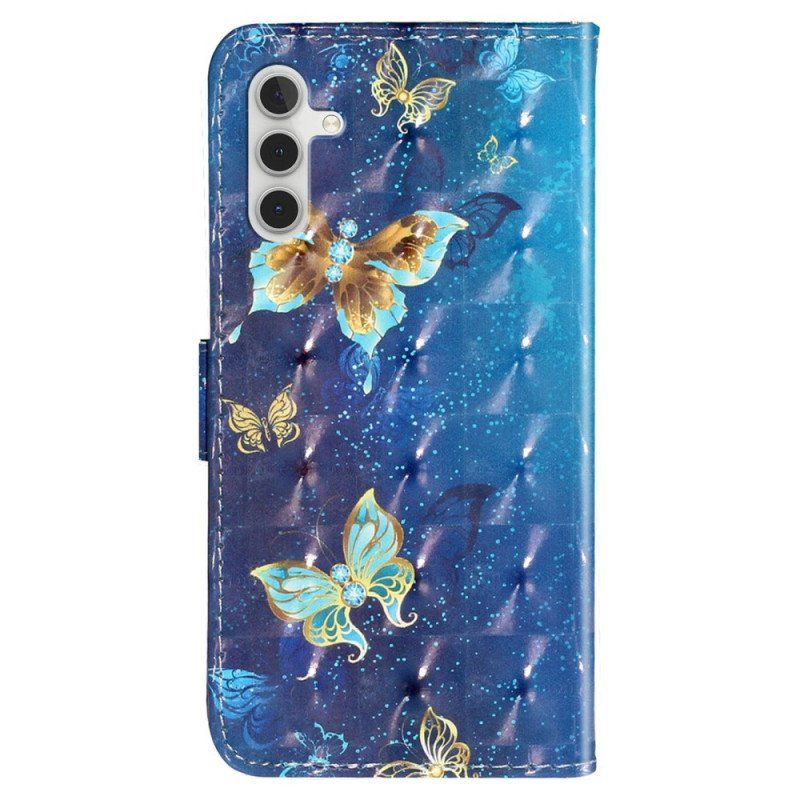 Etui Folio do Samsung Galaxy A14 / A14 5G z Łańcuch Złote Motyle Z Paskiem