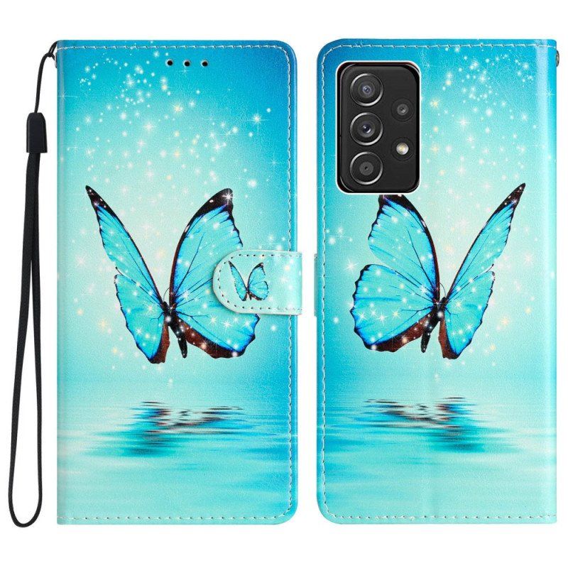 Etui Folio do Samsung Galaxy A53 5G z Łańcuch Niebieskie Motyle Z Paskiem