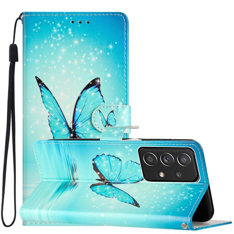 Etui Folio do Samsung Galaxy A53 5G z Łańcuch Niebieskie Motyle Z Paskiem