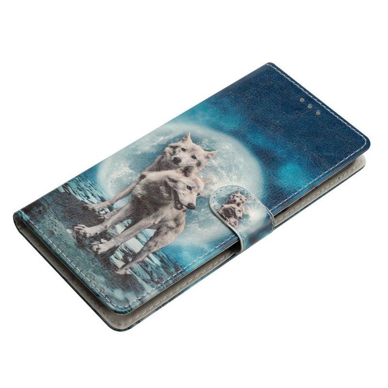 Etui Folio do Samsung Galaxy A54 5G Wilk Pod Księżycem Ze Smyczą