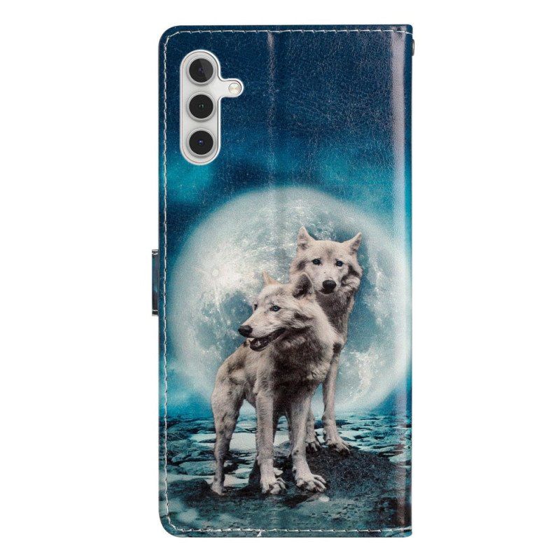 Etui Folio do Samsung Galaxy A54 5G Wilk Pod Księżycem Ze Smyczą