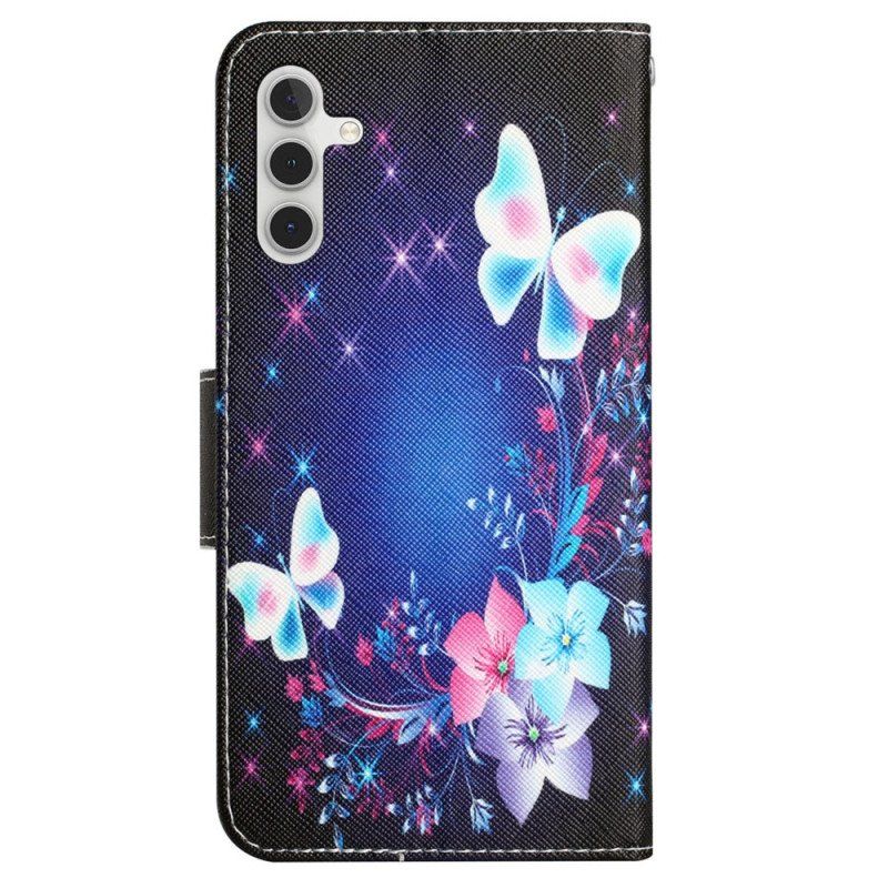 Etui Folio do Samsung Galaxy A54 5G z Łańcuch Bajkowe Motyle Ze Smyczą