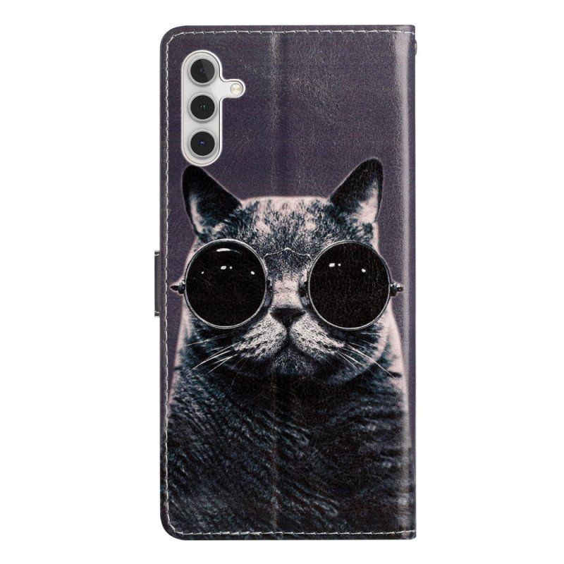 Etui Folio do Samsung Galaxy A54 5G z Łańcuch Okulary Z Paskami Dla Kota