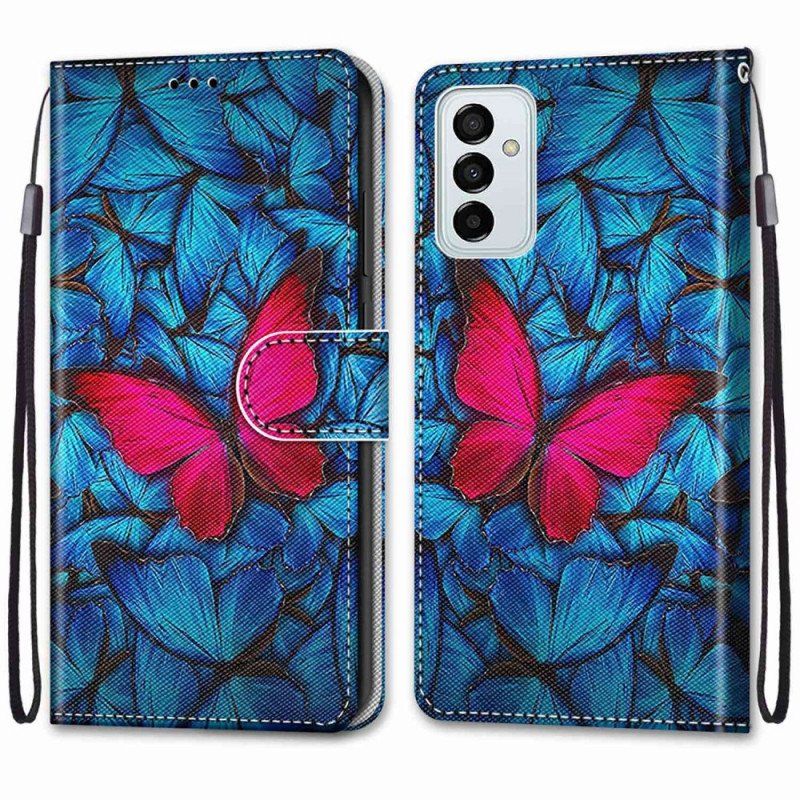 Etui Folio do Samsung Galaxy M23 5G Czerwony Motyl Niebieskim Tle