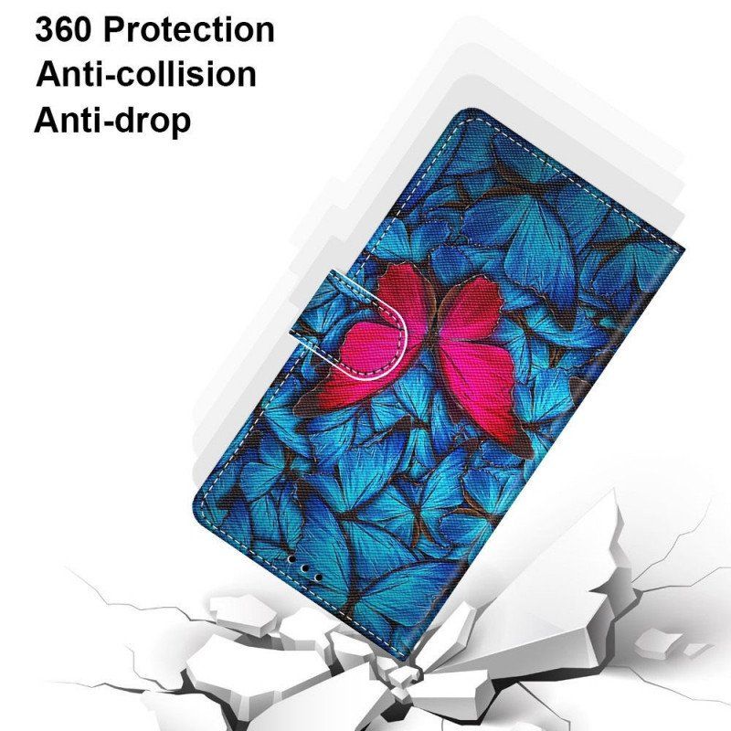 Etui Folio do Samsung Galaxy M23 5G Czerwony Motyl Niebieskim Tle