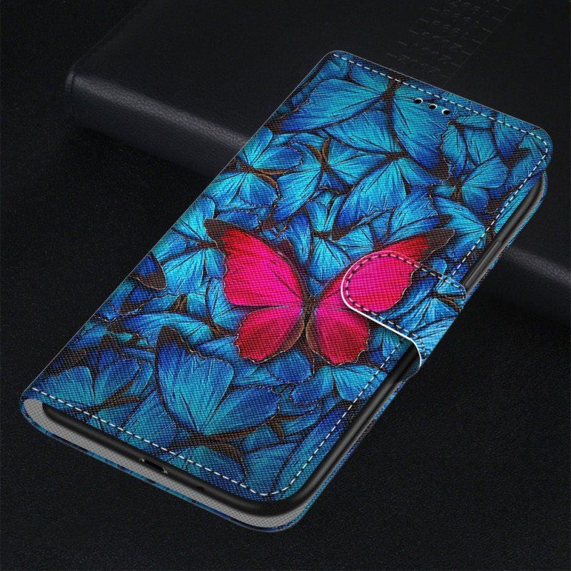 Etui Folio do Samsung Galaxy M23 5G Czerwony Motyl Niebieskim Tle