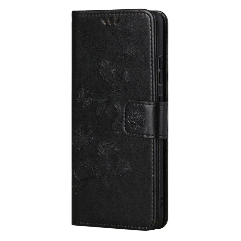 Etui Folio do Samsung Galaxy M52 5G z Łańcuch Pasek W Motyle I Kwiaty