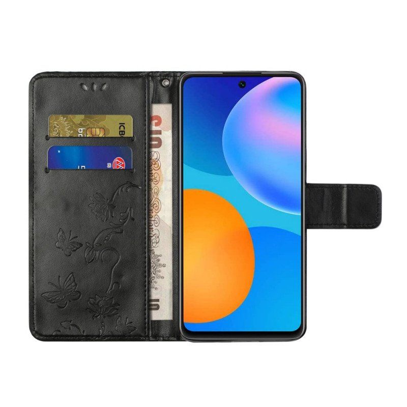 Etui Folio do Samsung Galaxy M52 5G z Łańcuch Pasek W Motyle I Kwiaty