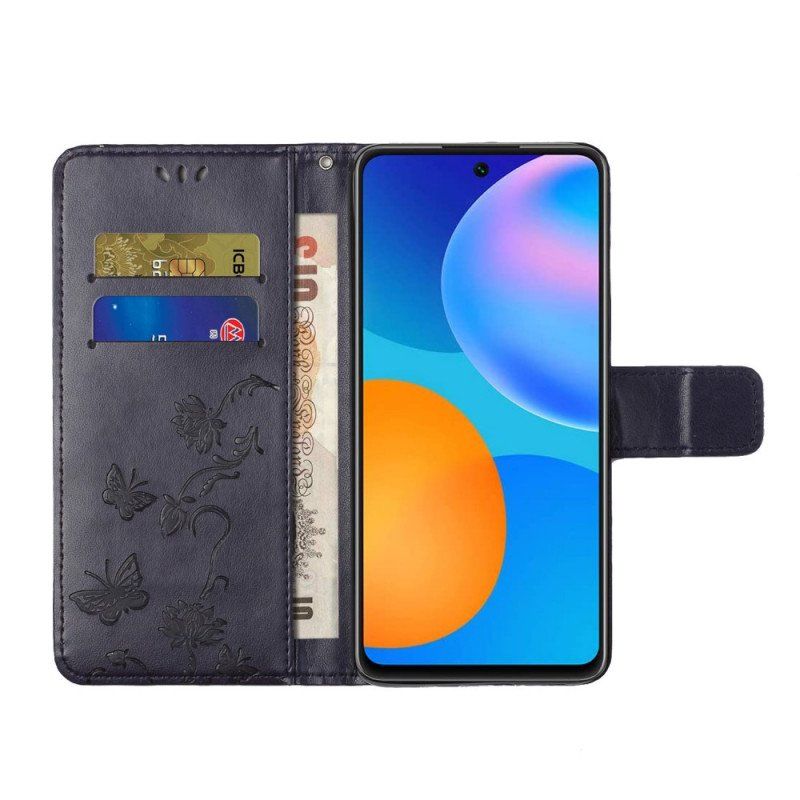 Etui Folio do Samsung Galaxy M52 5G z Łańcuch Pasek W Motyle I Kwiaty