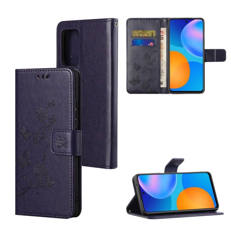 Etui Folio do Samsung Galaxy M52 5G z Łańcuch Pasek W Motyle I Kwiaty