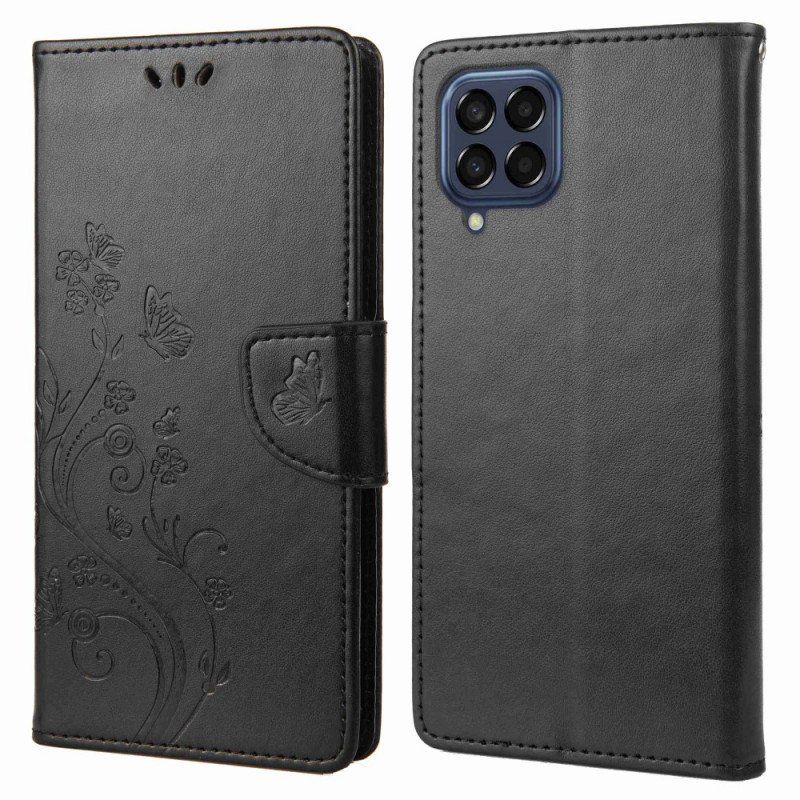 Etui Folio do Samsung Galaxy M53 5G z Łańcuch Paski Kwiaty