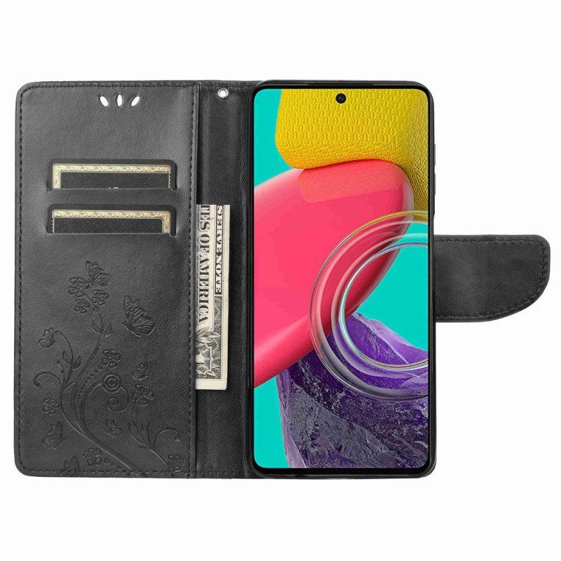 Etui Folio do Samsung Galaxy M53 5G z Łańcuch Paski Kwiaty