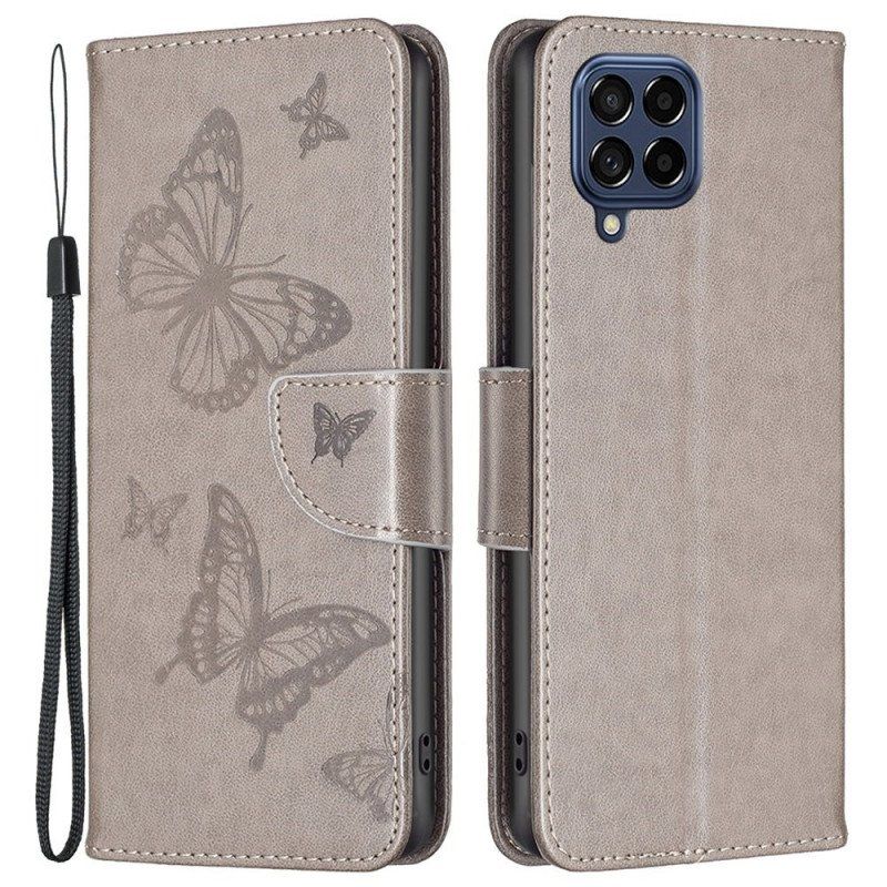 Etui Folio do Samsung Galaxy M53 5G z Łańcuch Paski Z Nadrukiem Motyli