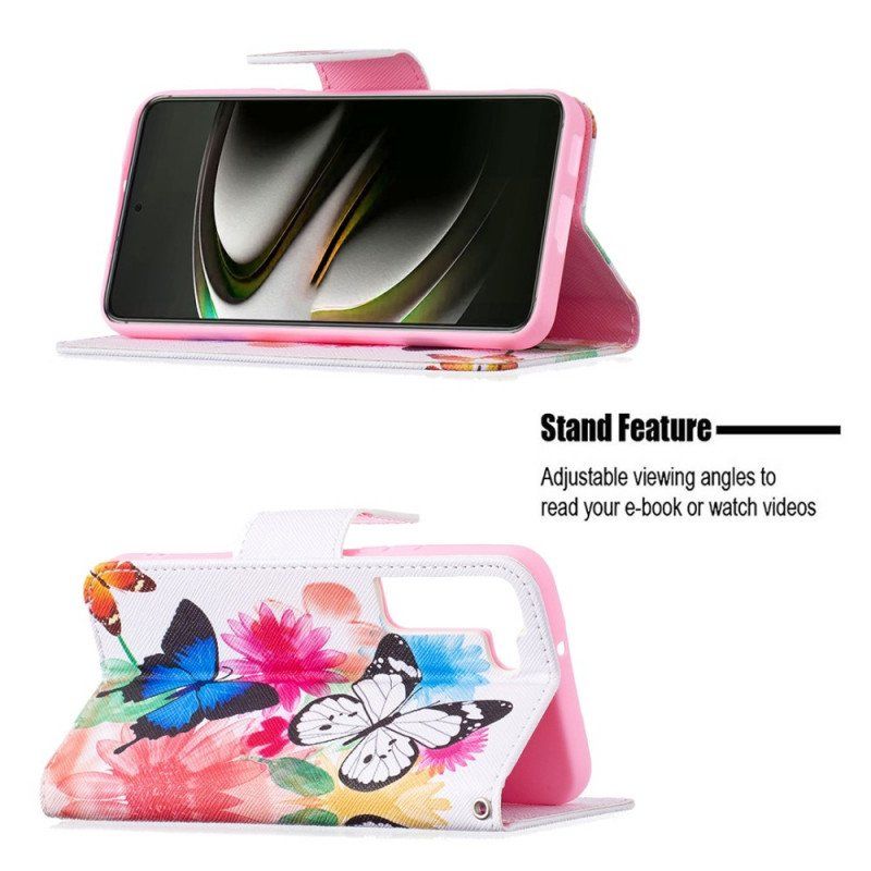 Etui Folio do Samsung Galaxy S22 5G Malowane Motyle I Kwiaty