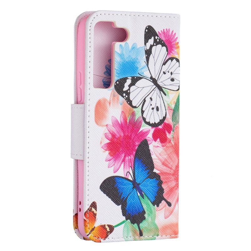 Etui Folio do Samsung Galaxy S22 5G Malowane Motyle I Kwiaty