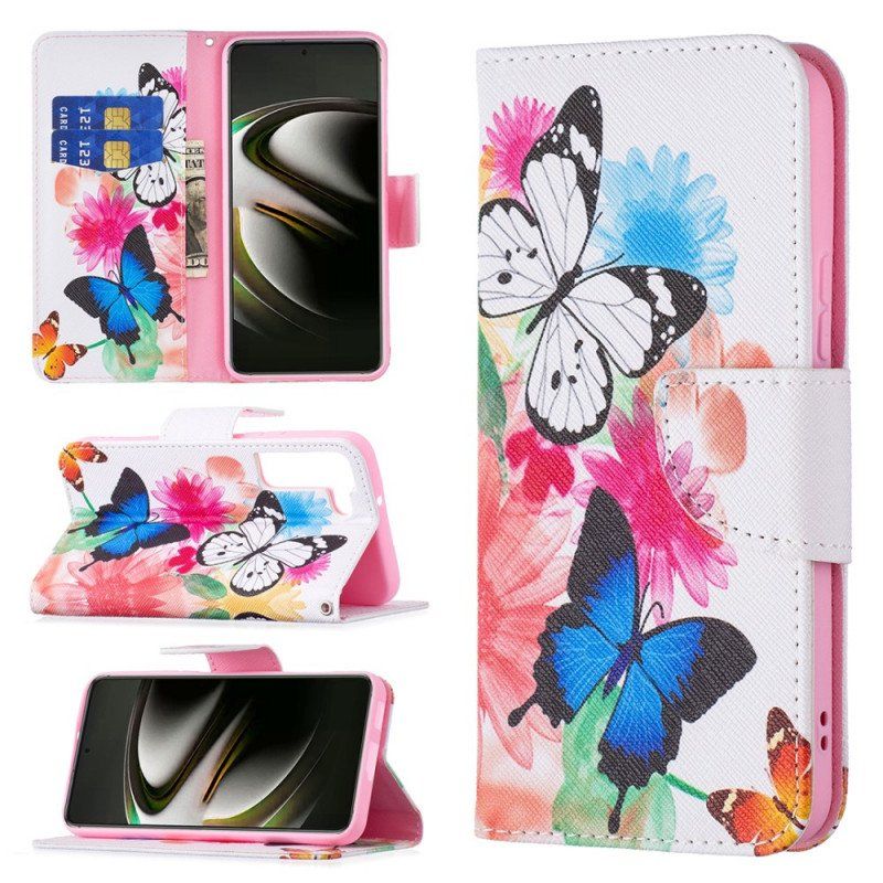 Etui Folio do Samsung Galaxy S22 5G Malowane Motyle I Kwiaty