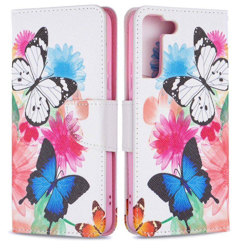 Etui Folio do Samsung Galaxy S22 Plus 5G Malowane Motyle I Kwiaty