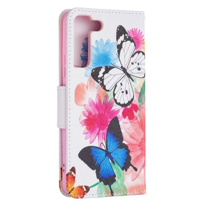 Etui Folio do Samsung Galaxy S22 Plus 5G Malowane Motyle I Kwiaty