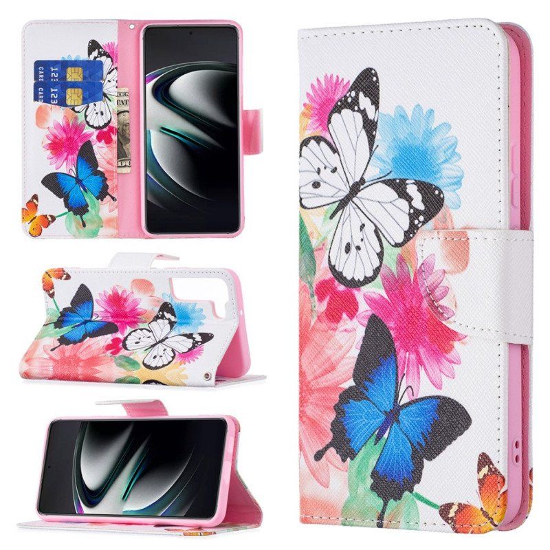 Etui Folio do Samsung Galaxy S22 Plus 5G Malowane Motyle I Kwiaty