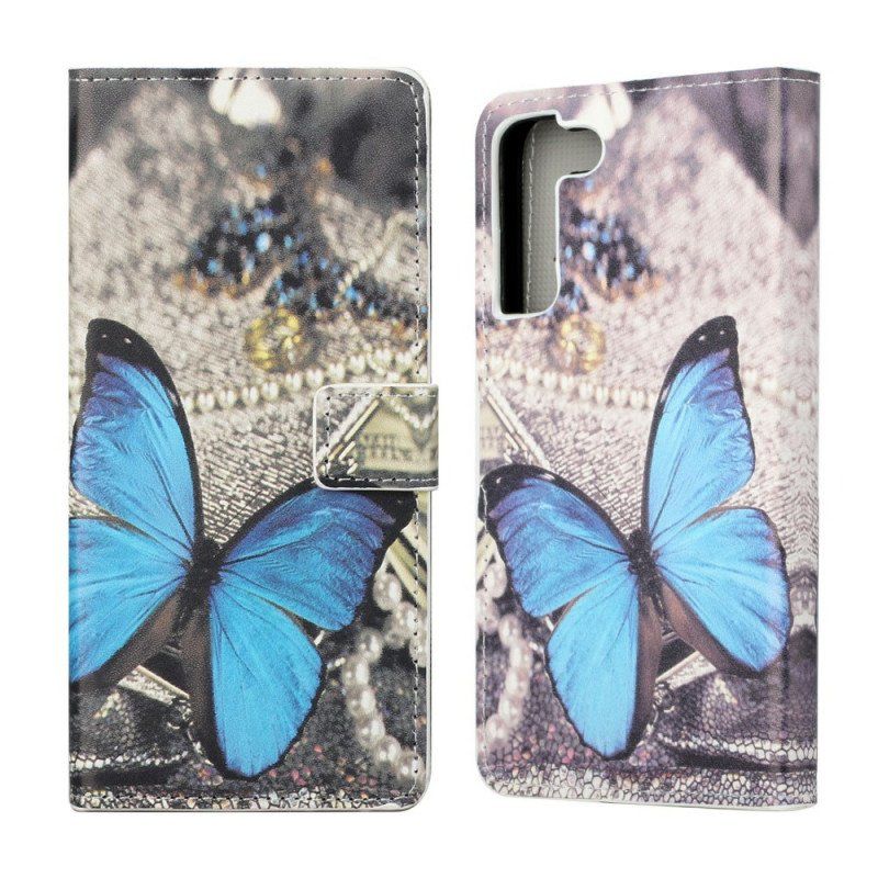 Etui Folio do Samsung Galaxy S22 Plus 5G Prestiżowy Motyl W Kolorze Niebieskim