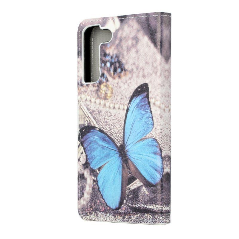 Etui Folio do Samsung Galaxy S22 Plus 5G Prestiżowy Motyl W Kolorze Niebieskim