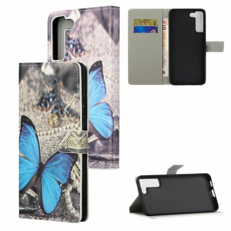 Etui Folio do Samsung Galaxy S22 Plus 5G Prestiżowy Motyl W Kolorze Niebieskim