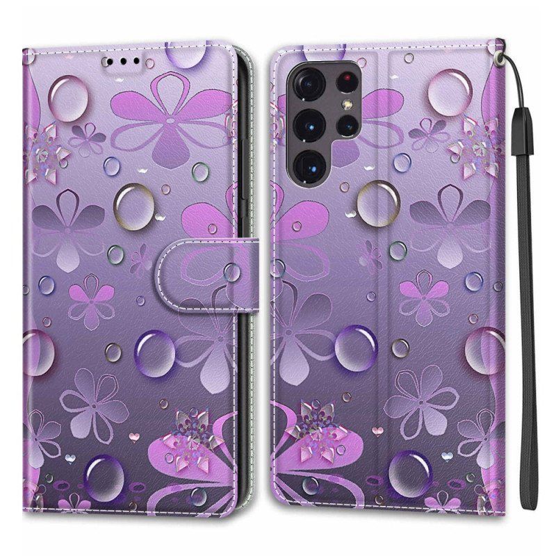 Etui Folio do Samsung Galaxy S22 Ultra 5G Krople Wody Ze Smyczą